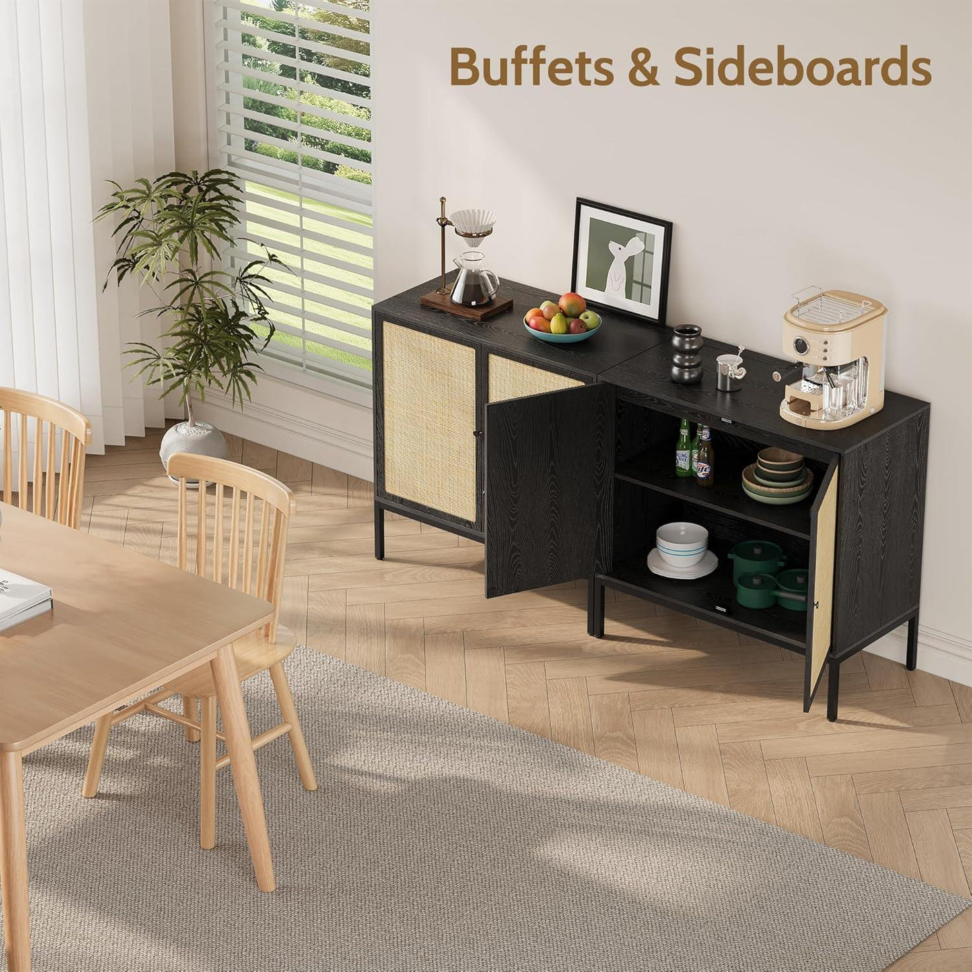 Sideboard Cabinet with Natural Rattan Decorated Doors