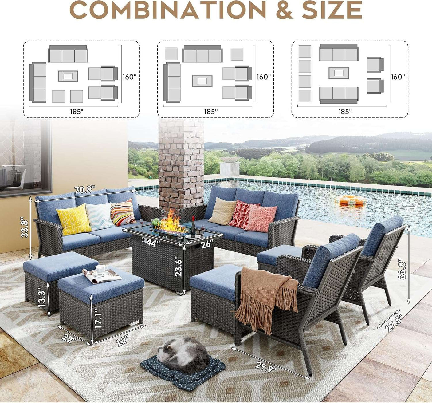 10 Seats Blue Patio Backyard Conversation Sofa Set