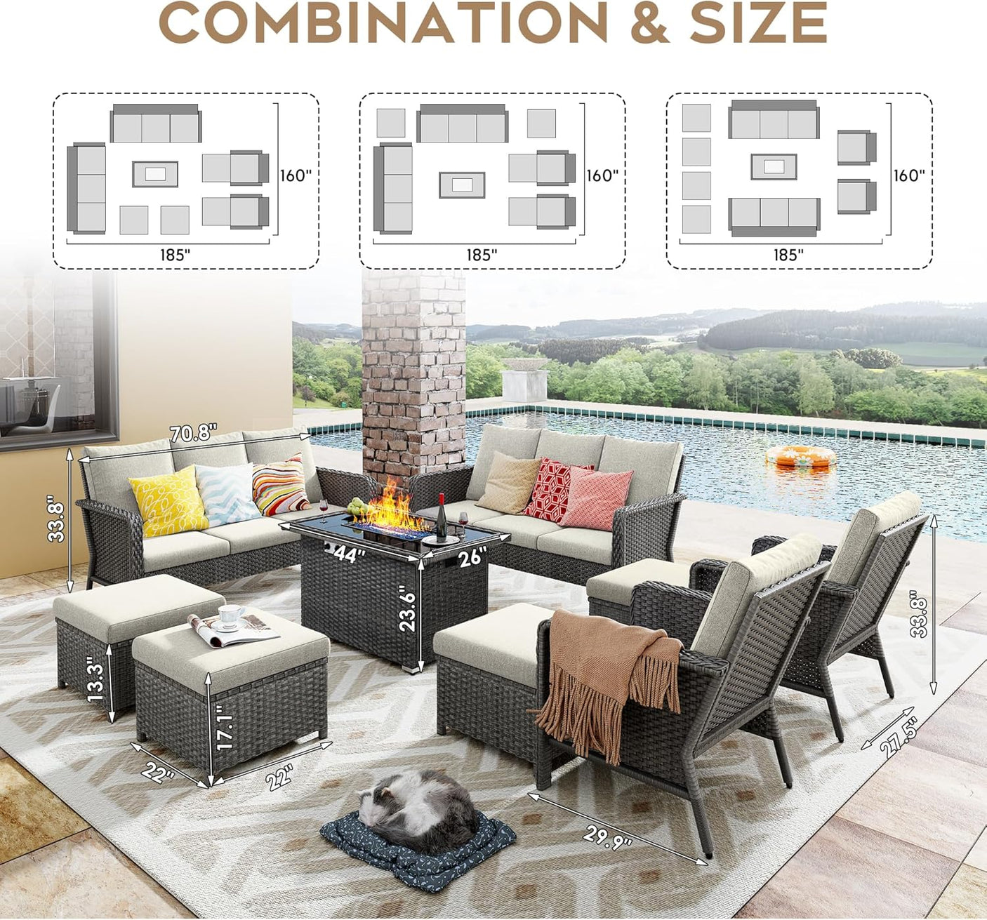 10 Seats Beige Patio Backyard Conversation Sofa Set