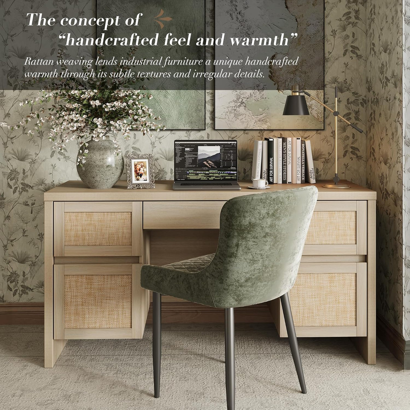 Yechen 57" Modern Rattan Executive Desk with 5 Drawers