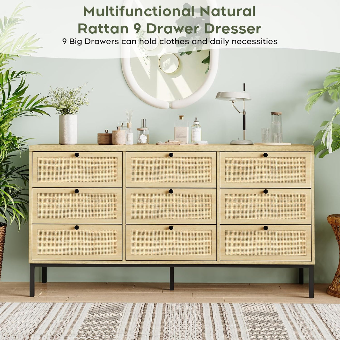 59" Wide Natural Rattan 9 Drawer Dresser