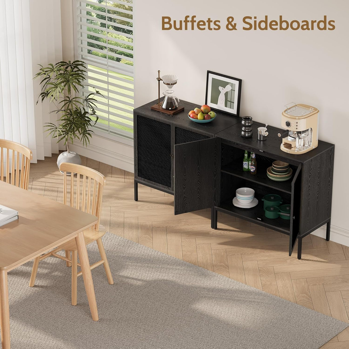 Sideboard Cabinet with Natural Rattan Decorated Doors