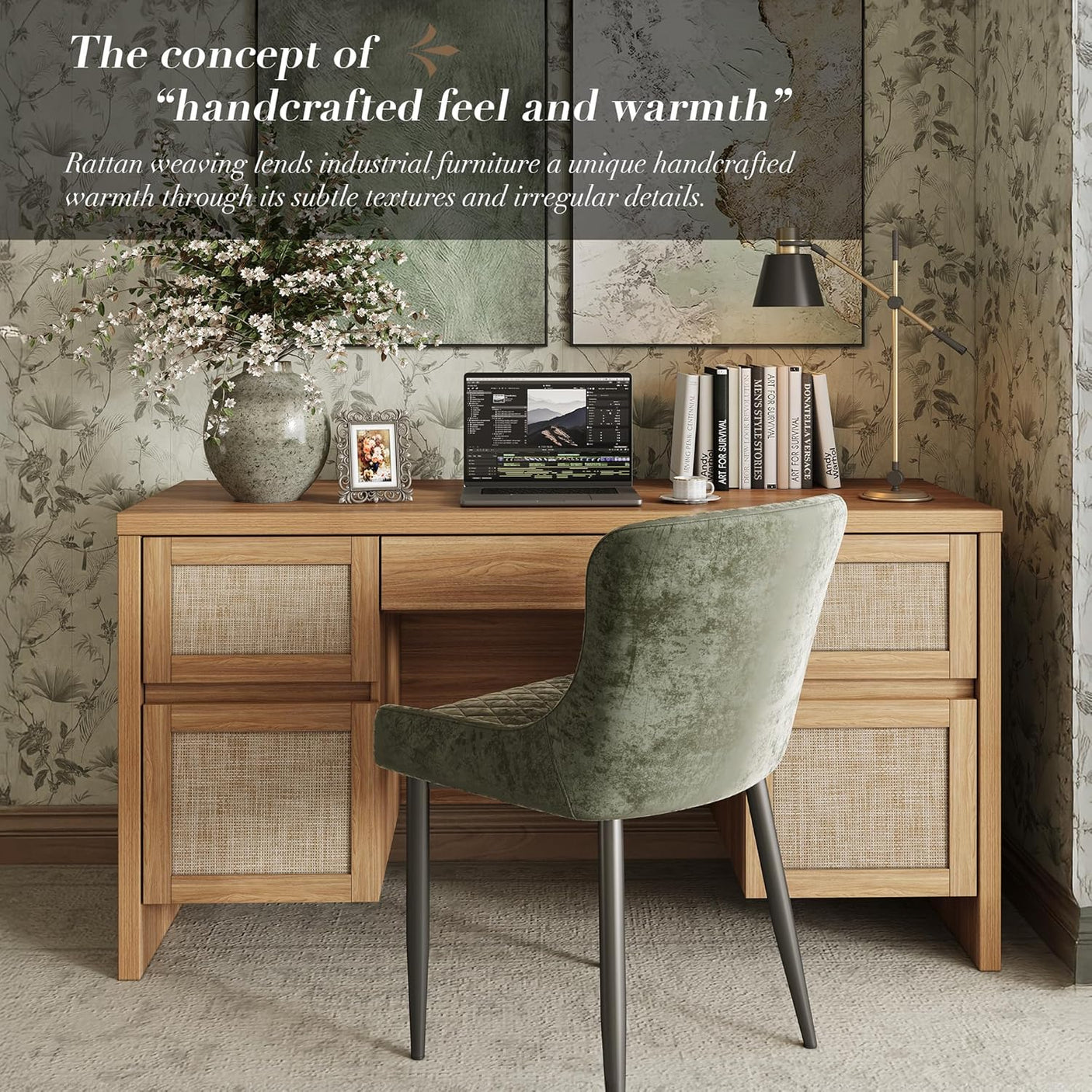 Yechen 57" Modern Rattan Executive Desk with 5 Drawers