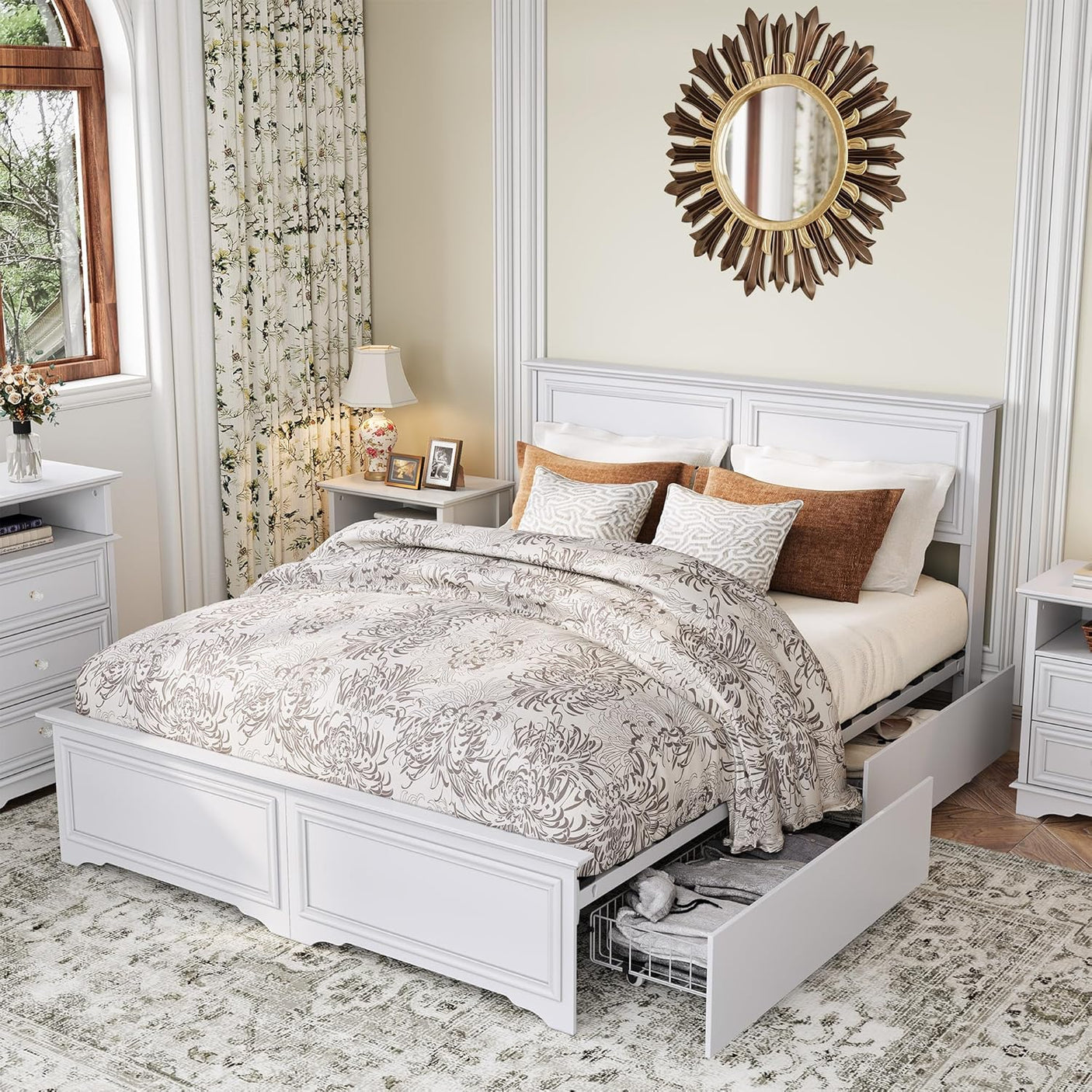 Farmhouse Queen Size Bed Frame with 4 Storage Drawers