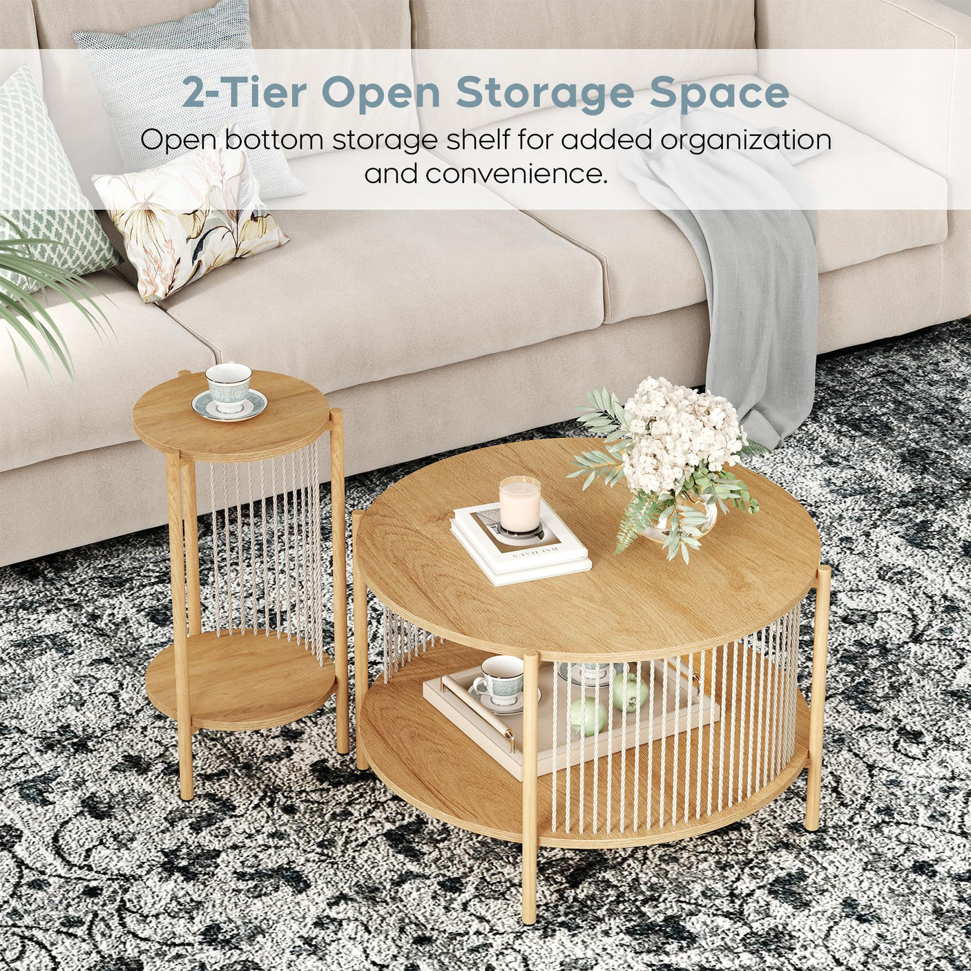 Yechen Boho Coffee Table Set of 3 – Hand-Woven Natural Rope, 2-Tier Round Wood Top & Metal Frame | Living Room Side Tables