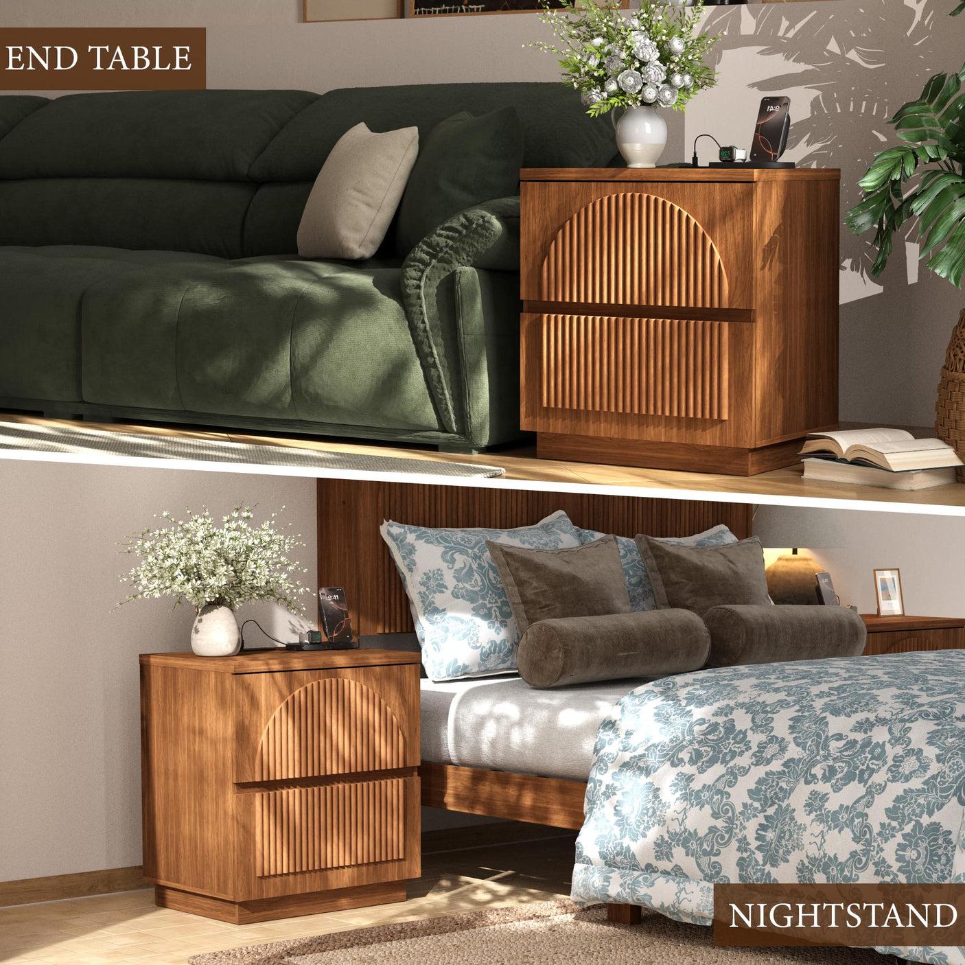 Yechen Modern Fluted Nightstand with Storage, Arched Reeded Night Stand with Charging Station, Bedside Table for Bedroom, Walnut
