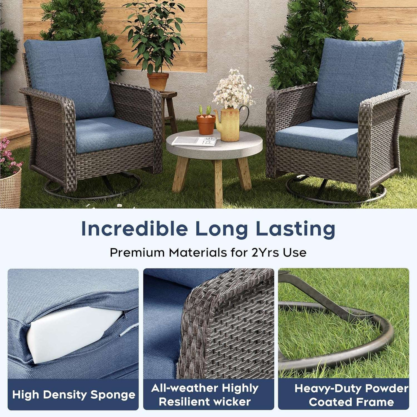 7 Seats Blue Patio Outdoor Conversation Sofa Set with Swivel Chair