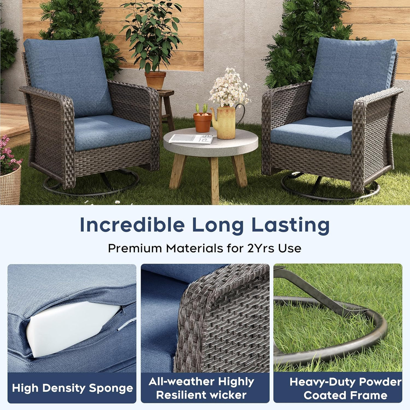 7 Seats Blue Patio Outdoor Conversation Sofa Set with Swivel Chair