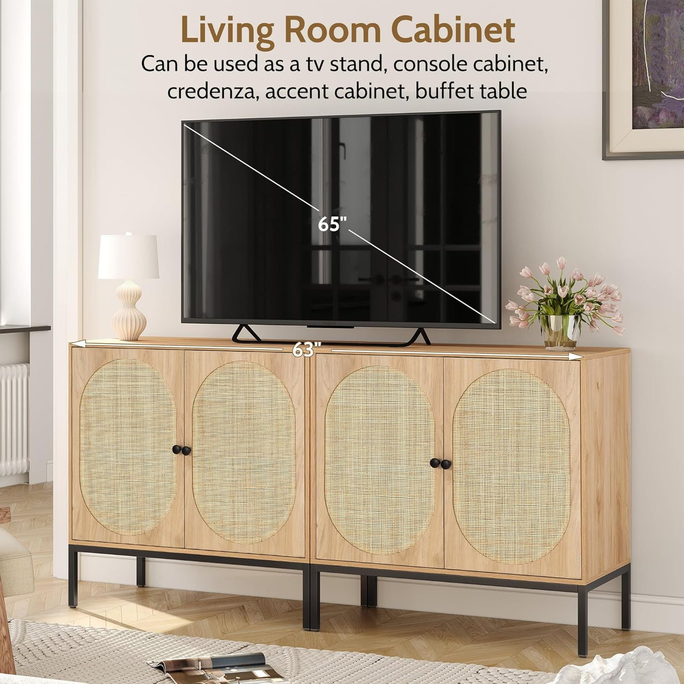 Sideboard Cabinet with Natural Rattan Decorated Doors