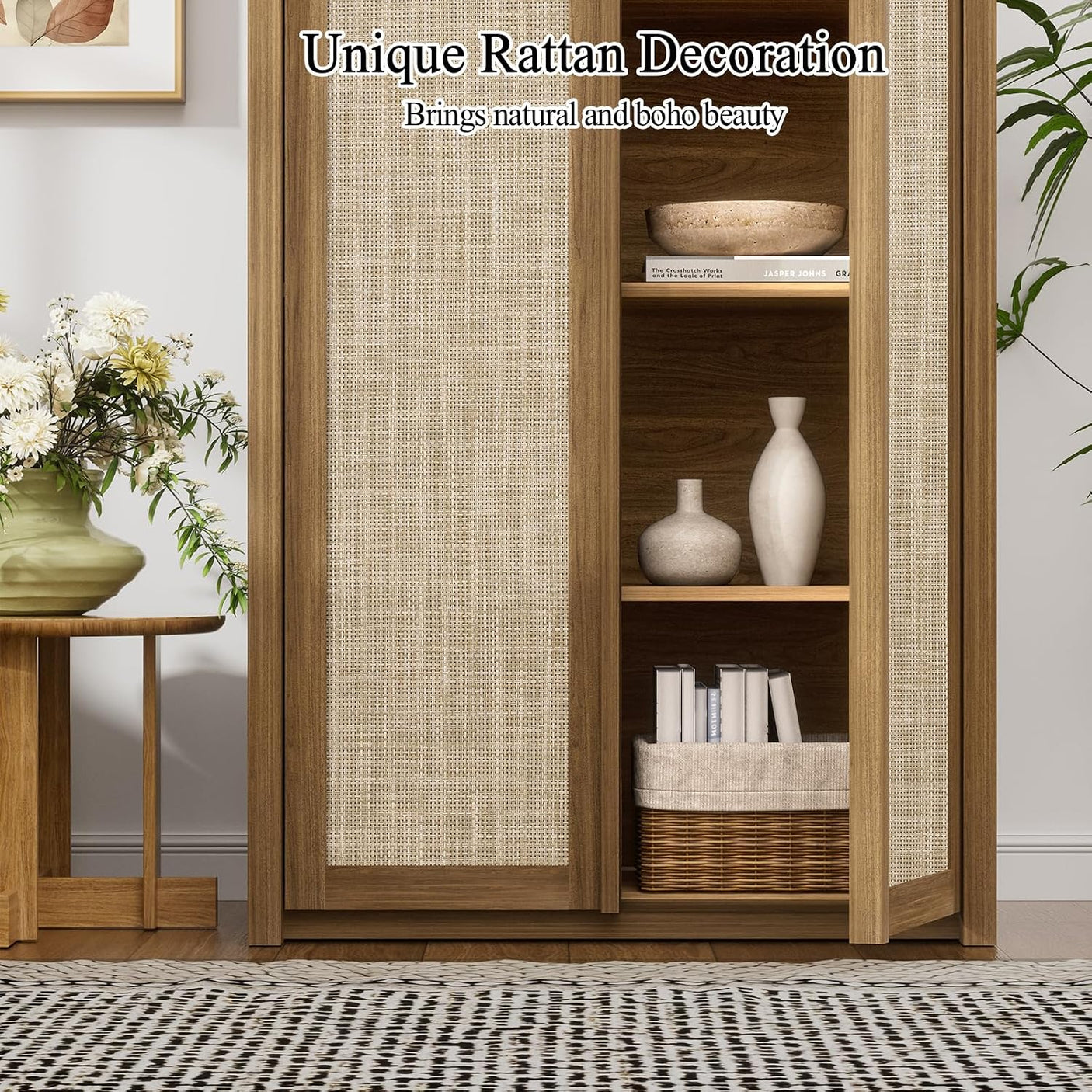 Yechen 67" Tall Rattan Pantry Cabinet with Adjustable Shelves, Dark Walnut/Natural Walnut