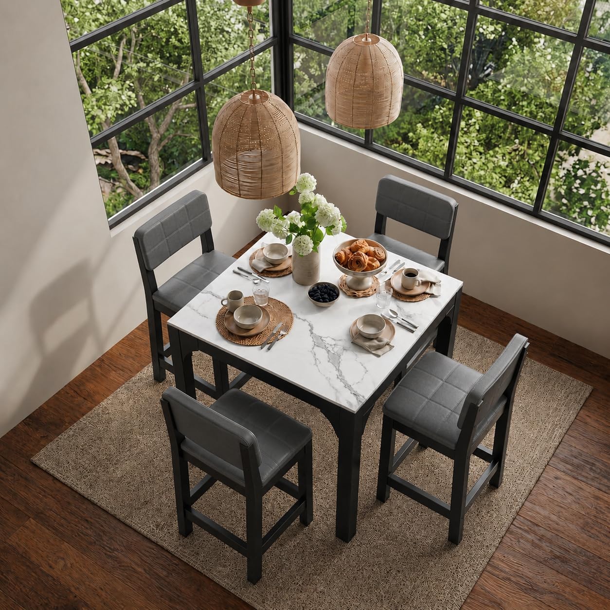 5-Piece Counter Height Dining Set | Marble-Look Top, Padded Chairs, Modern Grey