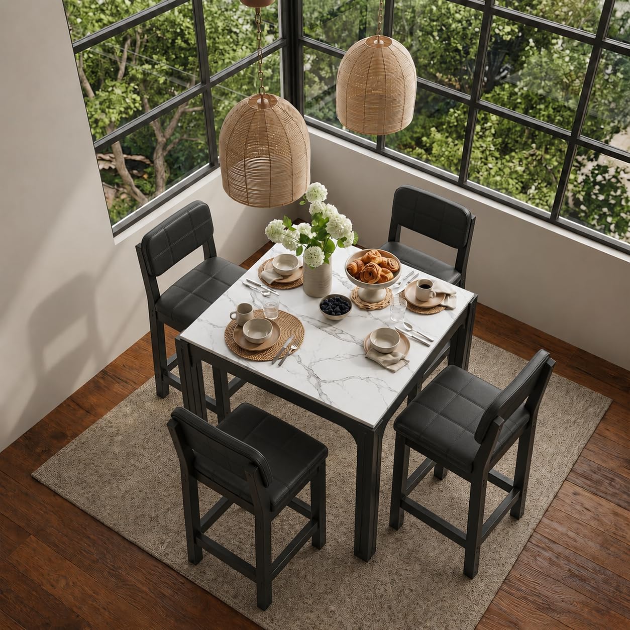 5-Piece Counter Height Dining Set | Marble-Look Top, Padded Chairs, Black