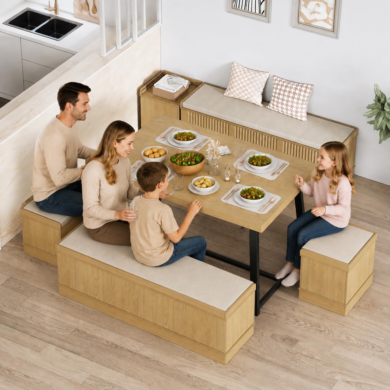 47 Inch Corner Dining Table Set with Storage Stool and Storage Bench