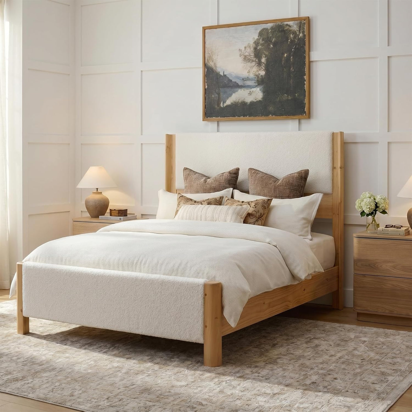 Yechen Wingback Bed Frame | Boucle & Solid Pine | Queen | No Box Spring | Off White