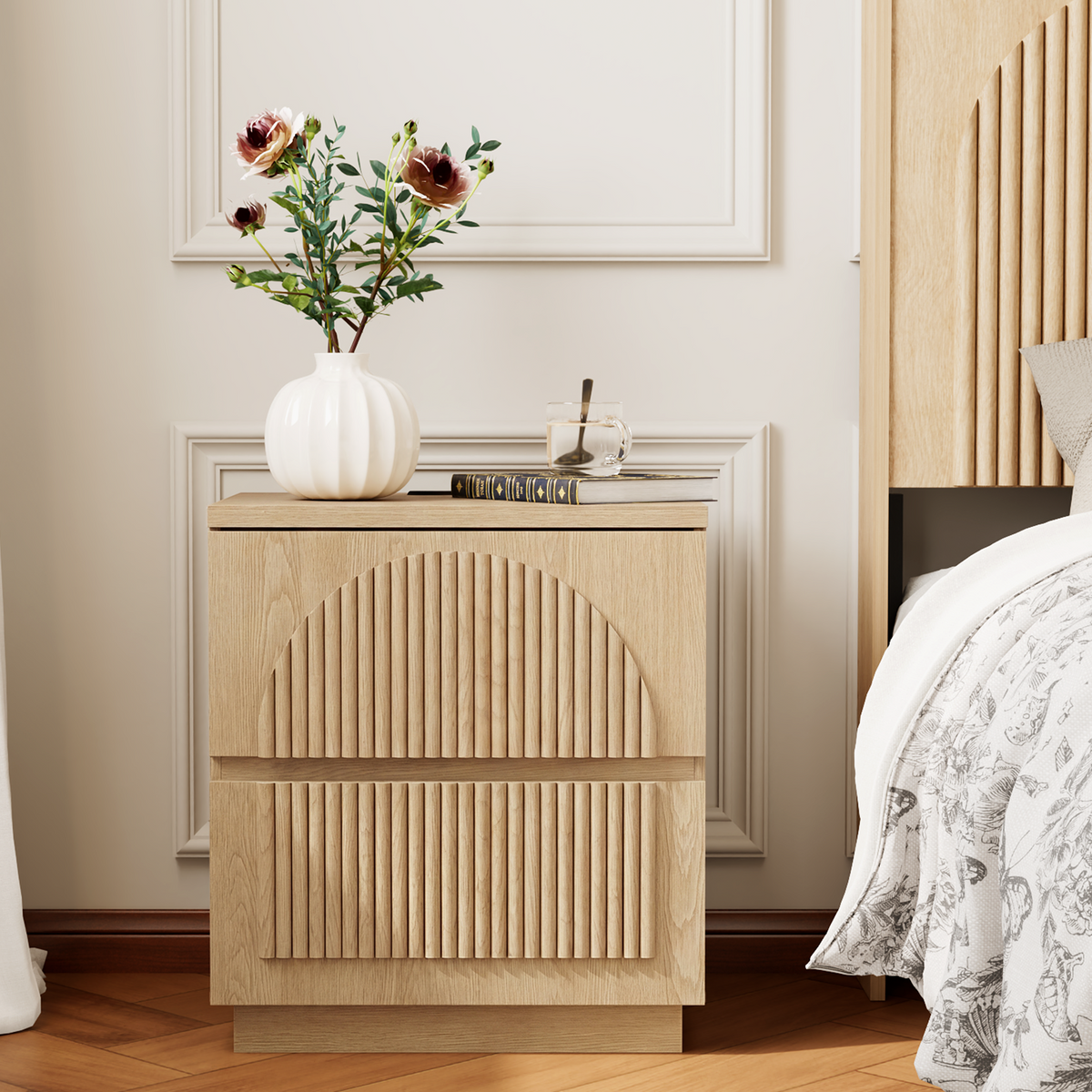 Yechen Modern Arched Reeded Wood Bed | 2 Storage Drawers | Natural Oak