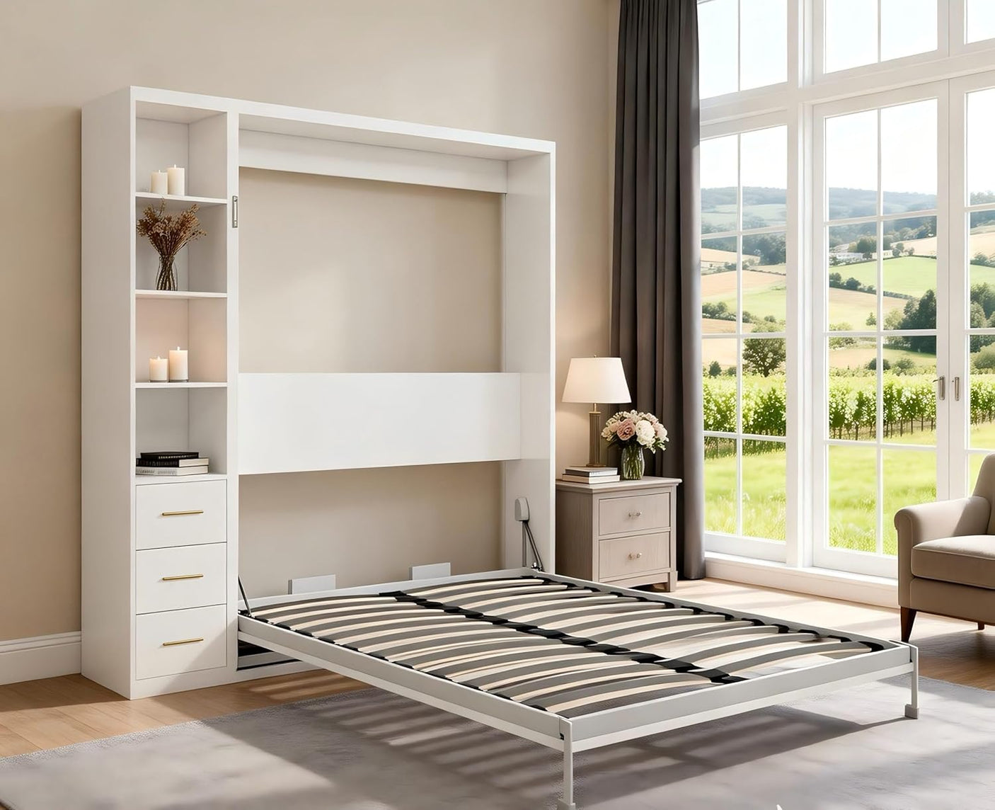 Queen Murphy Bed with Side Storage Cabinet & Bookshelf | Space-Saving Wall Bed | Yechen Home