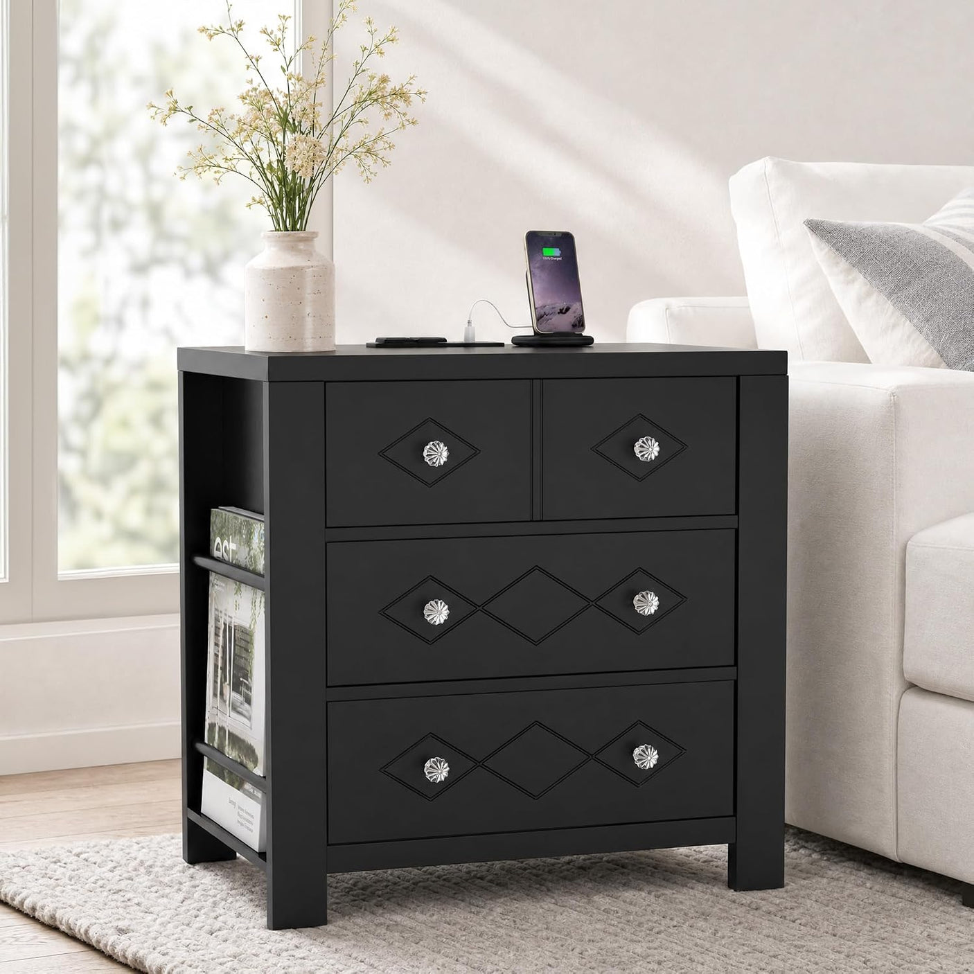 Yechen 3-Drawer Nightstand with USB-C & AC Outlets | Crystal Handles | White & Black