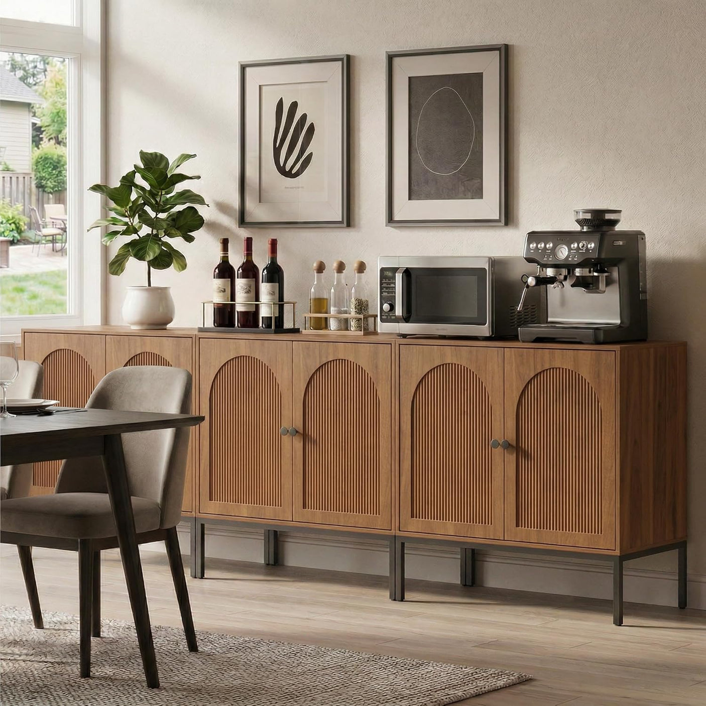 Fluted Sideboard Cabinet with Storage – 2-Door Arched Buffet Credenza | Mid-Century Modern | Walnut & Black