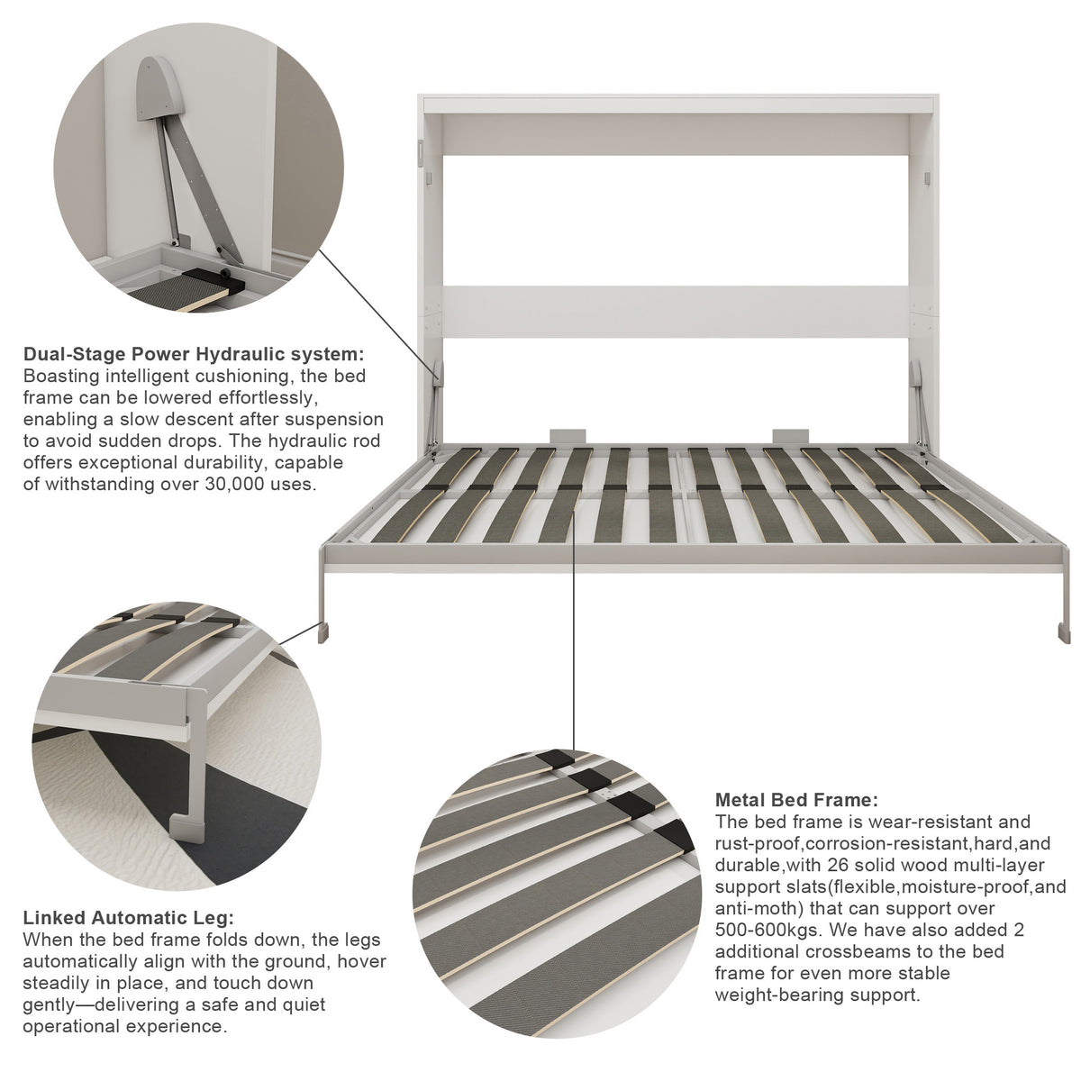 Queen Horizontal Murphy Bed with Folding Cabinet – White