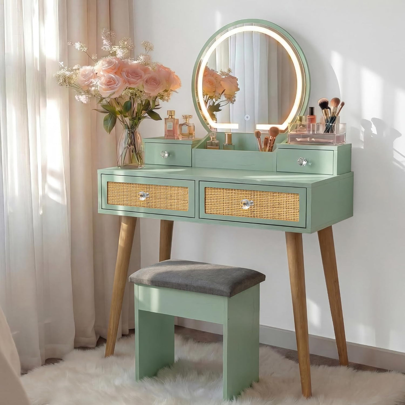 Vanity Desk Set with LED Mirror and Stool, 31" Boho Rattan Makeup Vanity Table, 3-Mode Lighted Mirror, 4 Drawers, Mint, Space-Saving for Bedroom