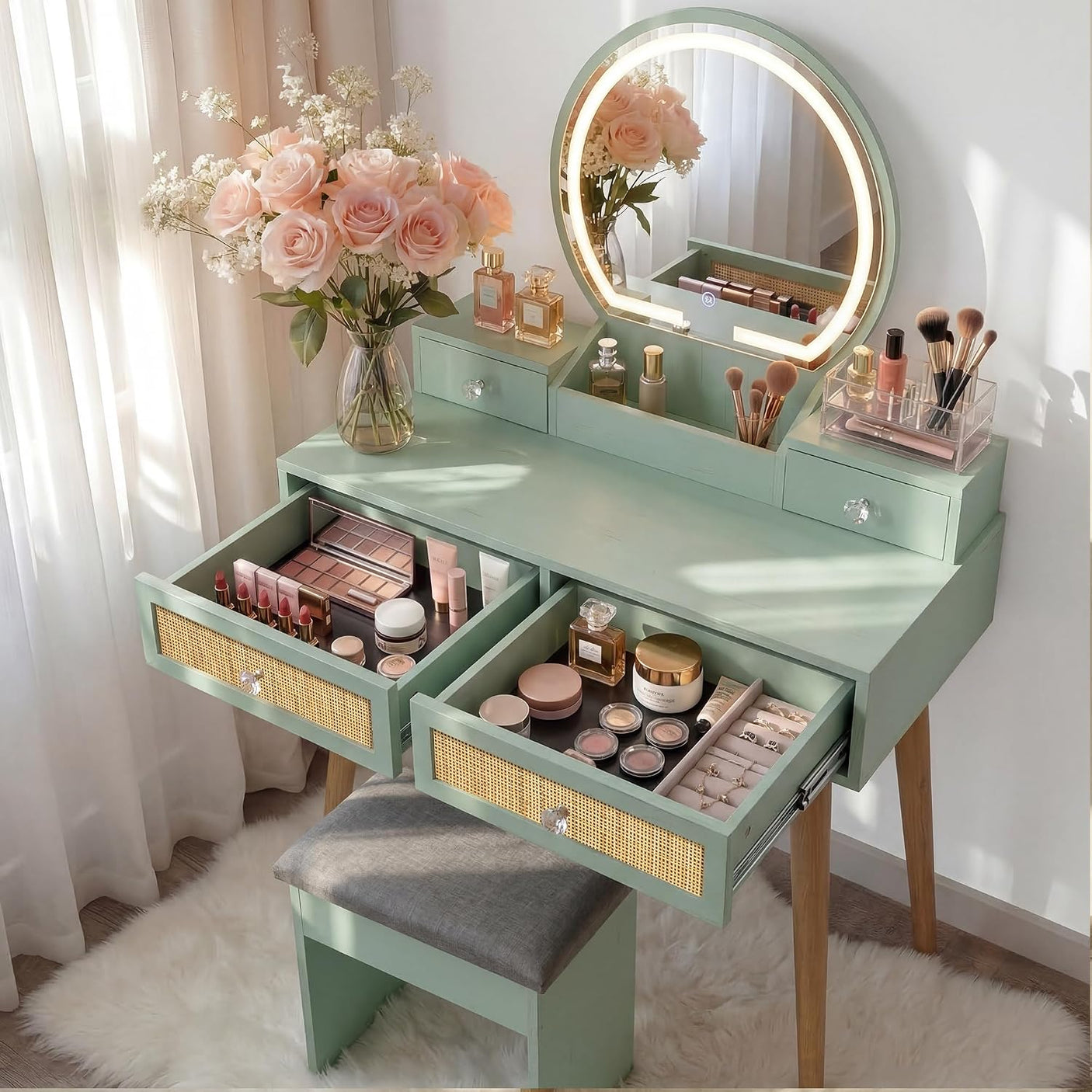 Vanity Desk Set with LED Mirror and Stool, 31" Boho Rattan Makeup Vanity Table, 3-Mode Lighted Mirror, 4 Drawers, Mint, Space-Saving for Bedroom