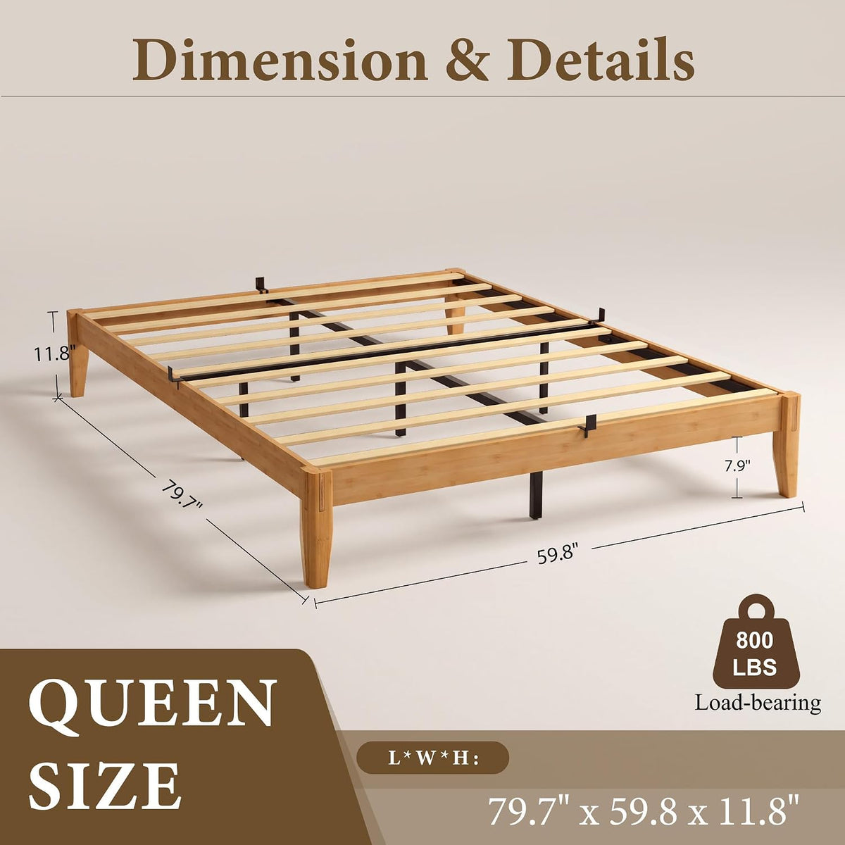 Bamboo Japanese Joinery Bed Frame | Platform Bed Frame with 4 Mattress Stoppers | Low Profile, Noise-Free, No Box Spring Needed nature size
