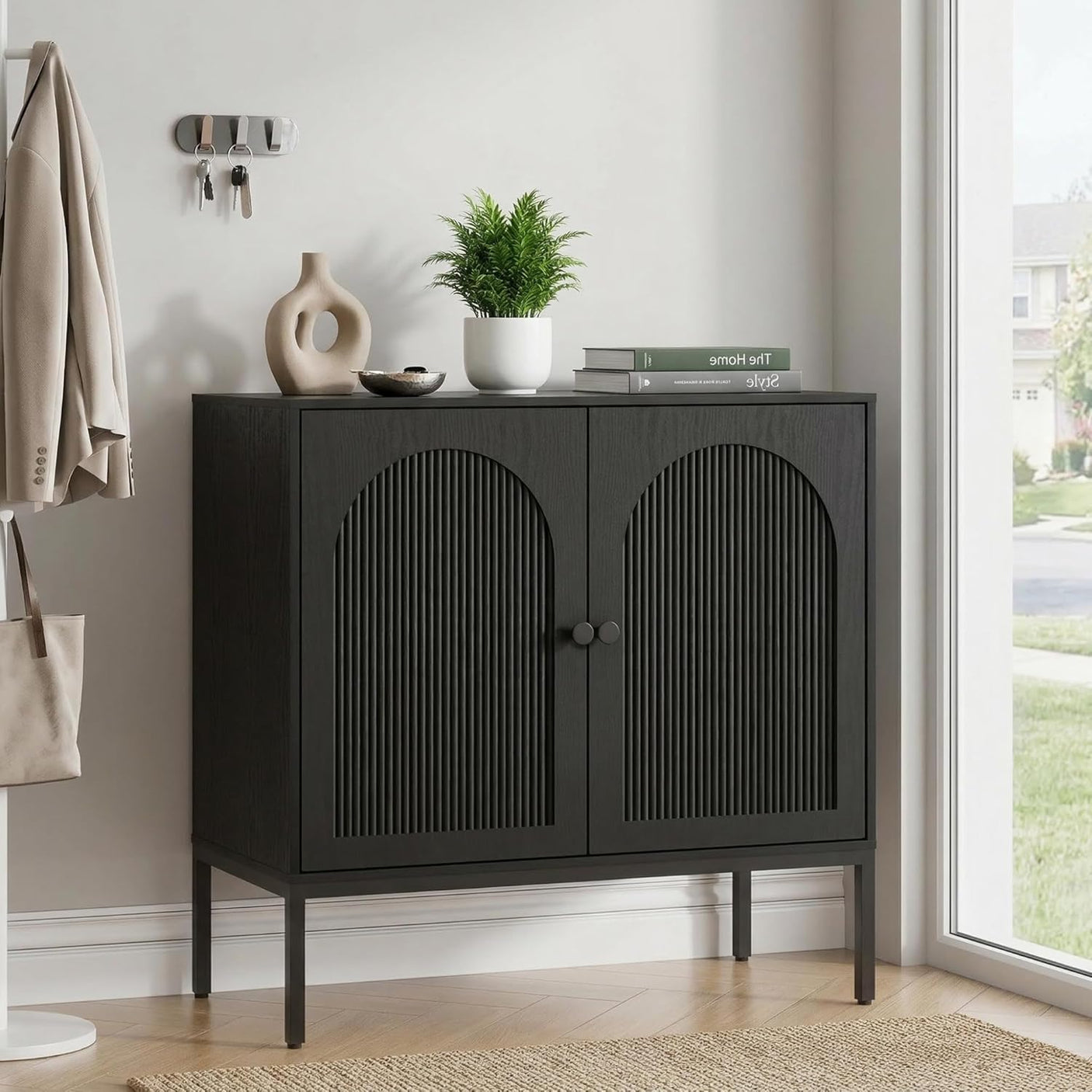 Fluted Sideboard Cabinet with Storage – 2-Door Arched Buffet Credenza | Mid-Century Modern | Walnut & Black