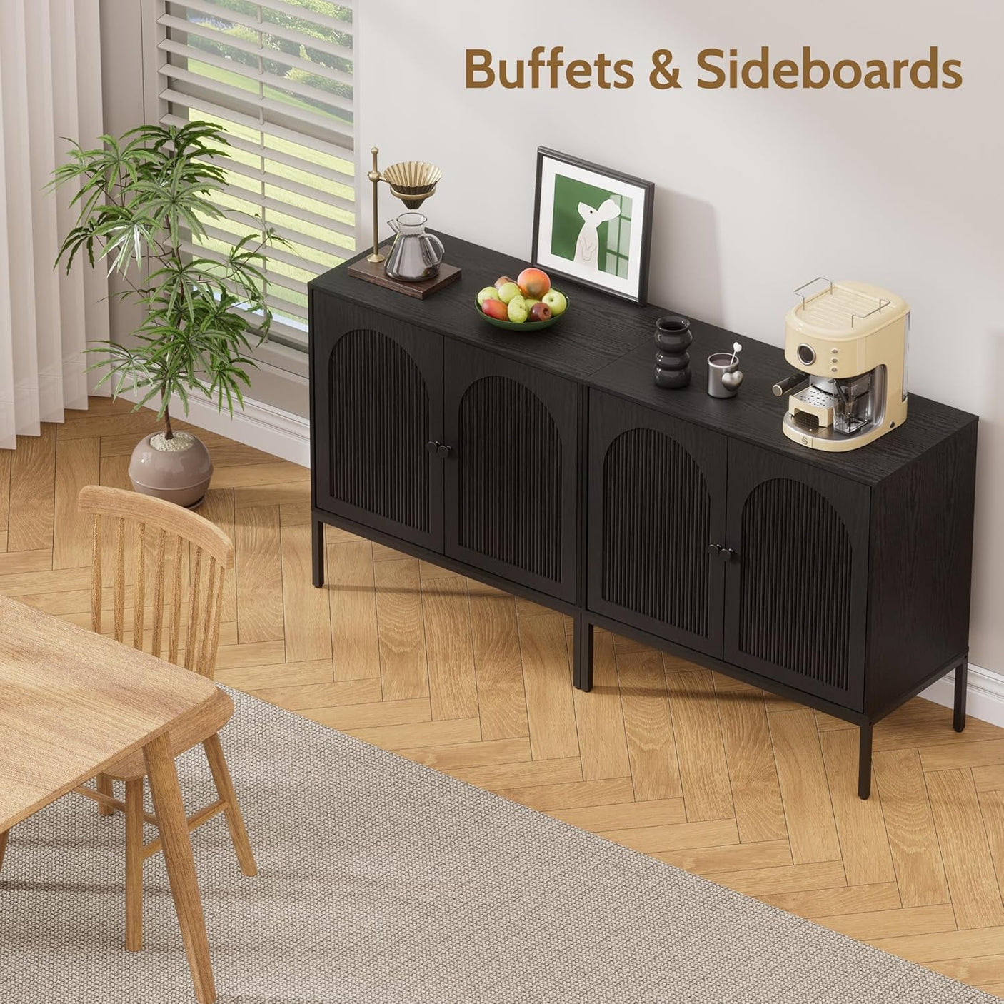 Fluted Sideboard Cabinet with Storage – 2-Door Arched Buffet Credenza | Mid-Century Modern | Walnut & Black