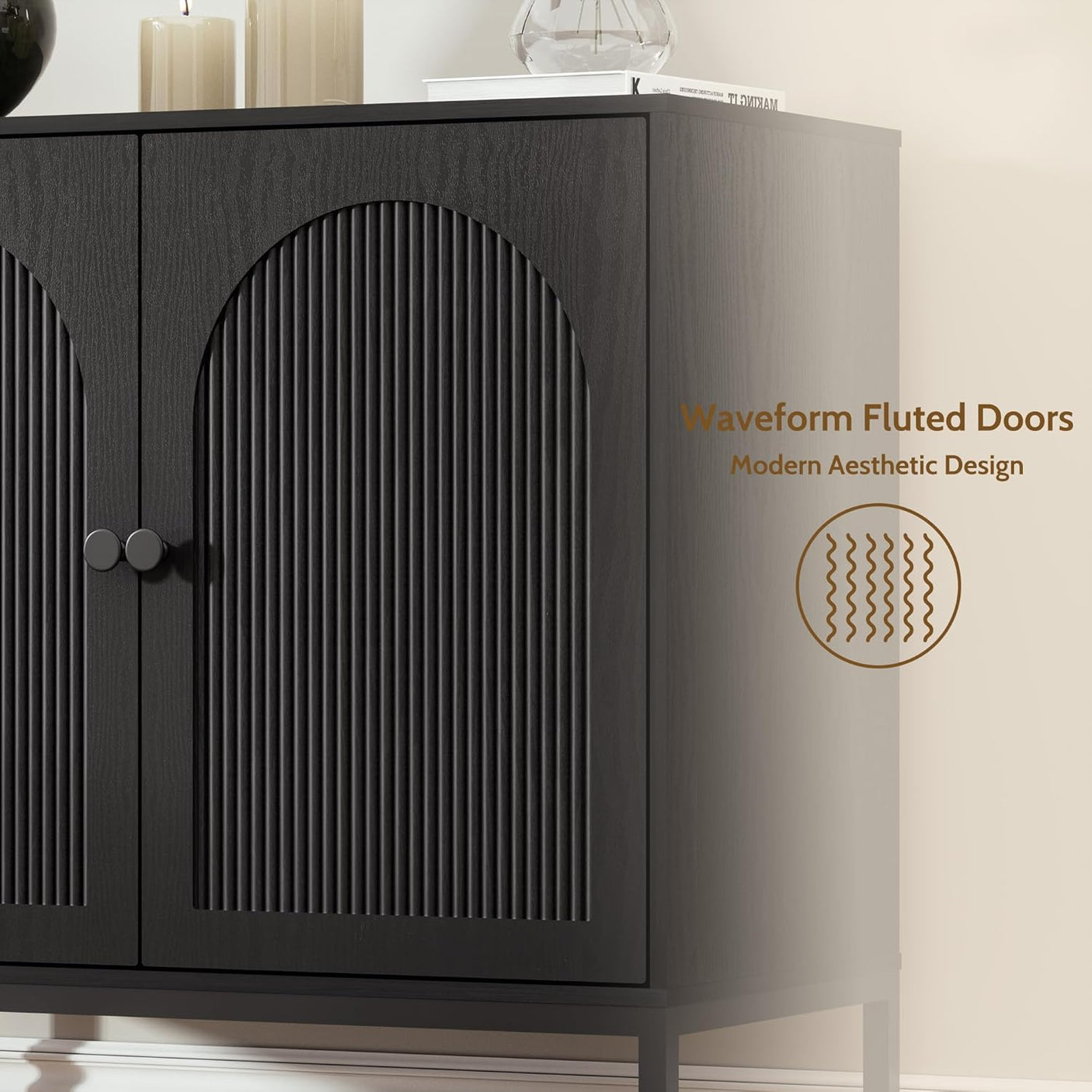 Fluted Sideboard Cabinet with Storage – 2-Door Arched Buffet Credenza | Mid-Century Modern | Walnut & Black