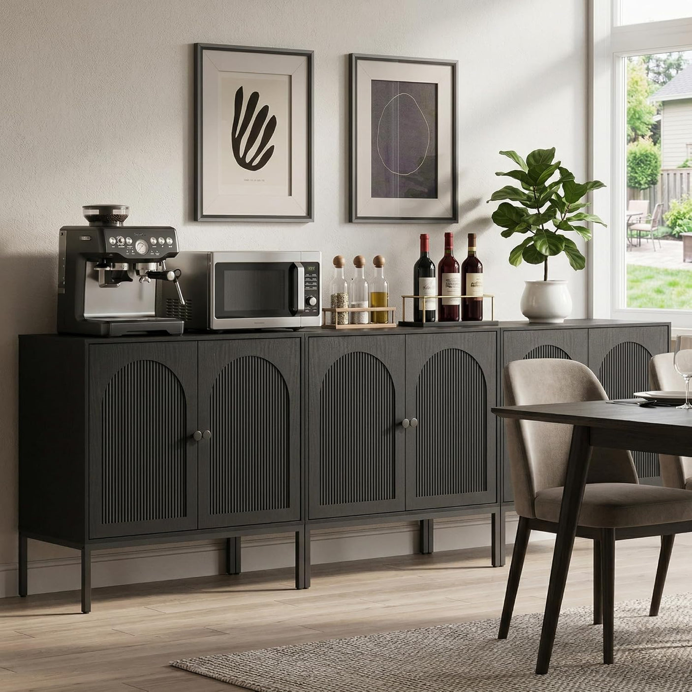 Fluted Sideboard Cabinet with Storage – 2-Door Arched Buffet Credenza | Mid-Century Modern | Walnut & Black