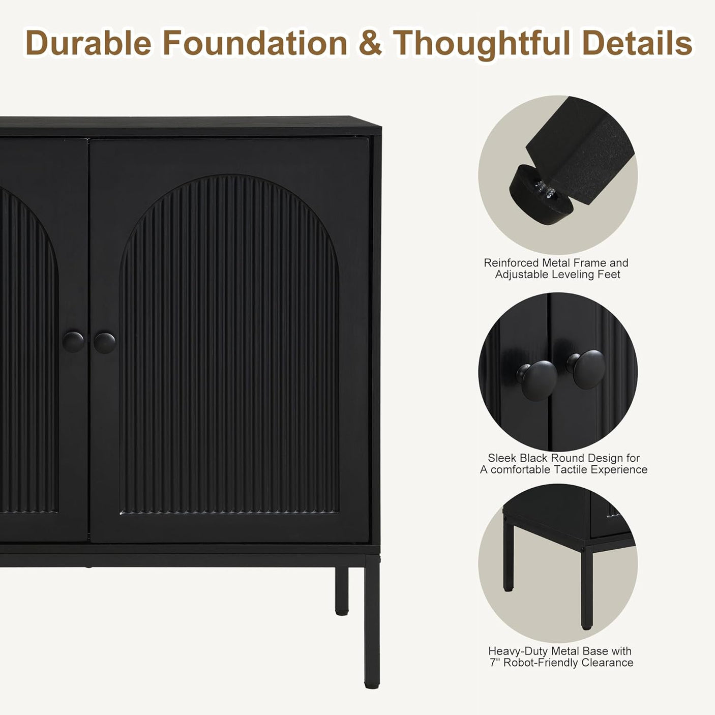 Fluted Sideboard Cabinet with Storage – 2-Door Arched Buffet Credenza | Mid-Century Modern | Walnut & Black