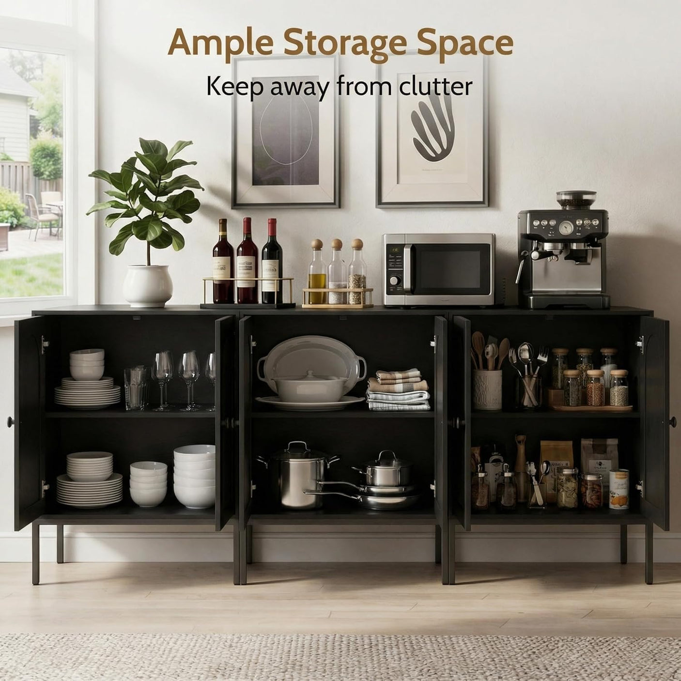 Fluted Sideboard Cabinet with Storage – 2-Door Arched Buffet Credenza | Mid-Century Modern | Walnut & Black