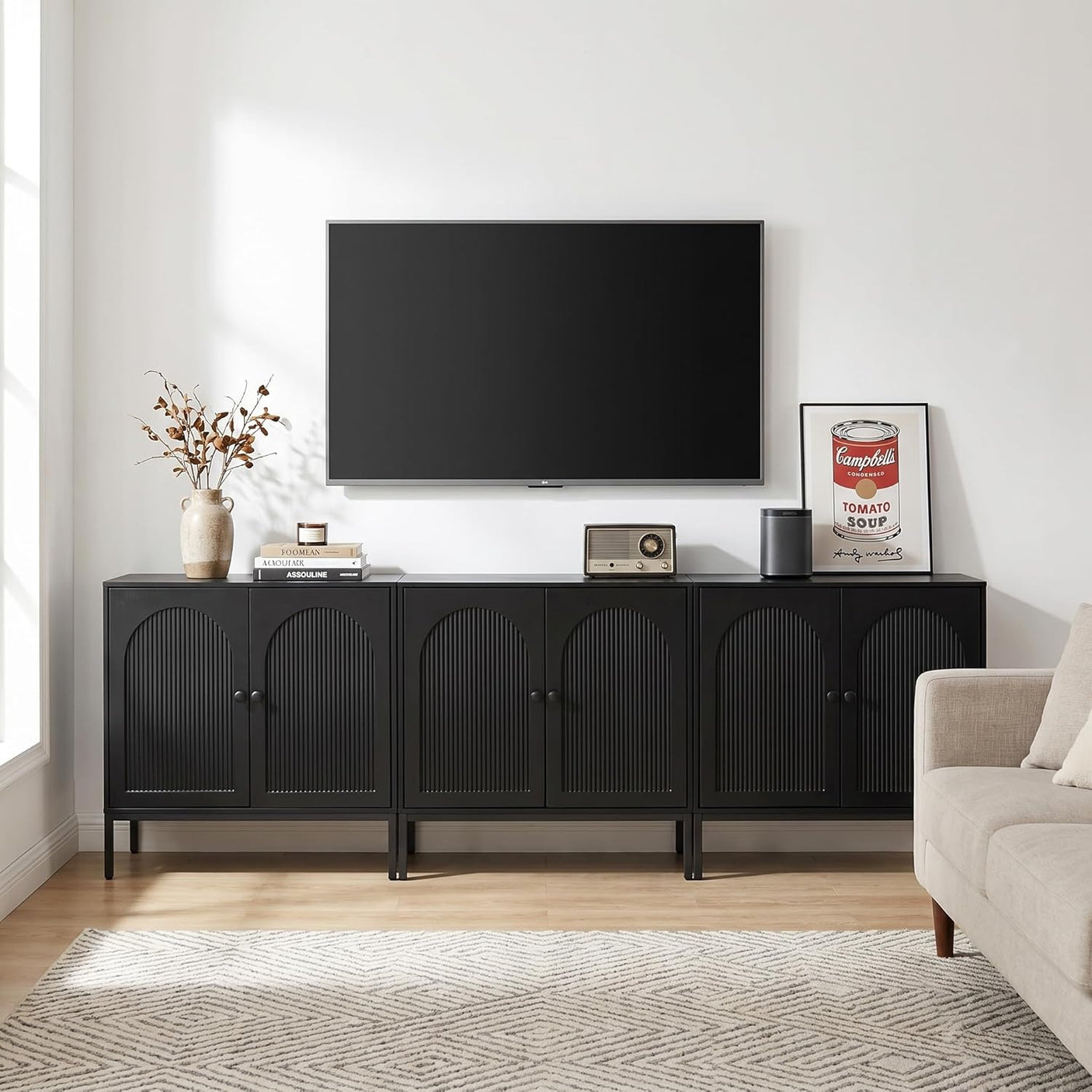 Fluted Sideboard Cabinet with Storage – 2-Door Arched Buffet Credenza | Mid-Century Modern | Walnut & Black