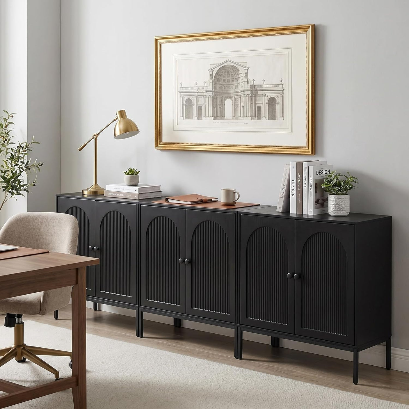 Fluted Sideboard Cabinet with Storage – 2-Door Arched Buffet Credenza | Mid-Century Modern | Walnut & Black