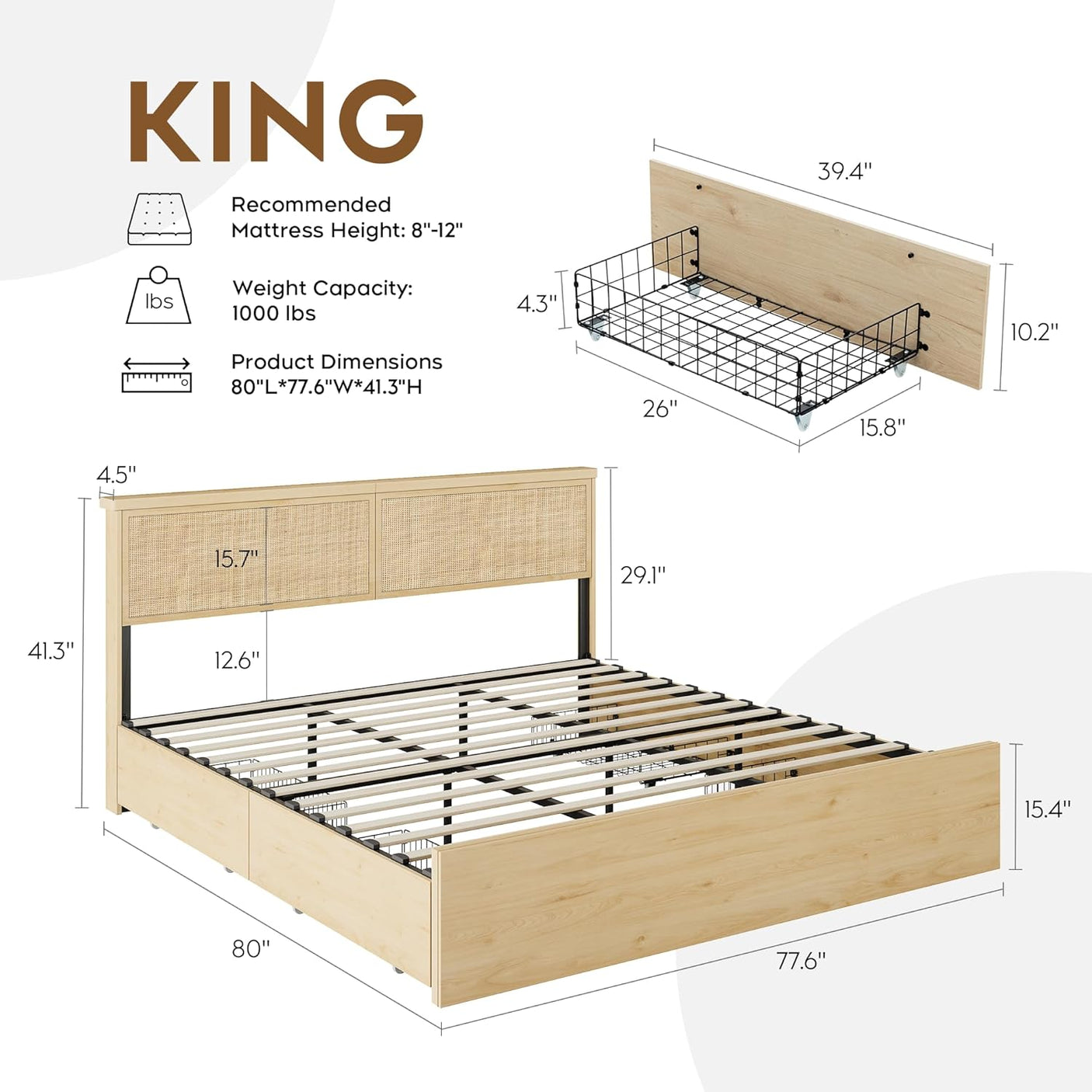 Boho Natural Rattan Bed Frame with 4 Storage Drawers | Sturdy Metal Support
