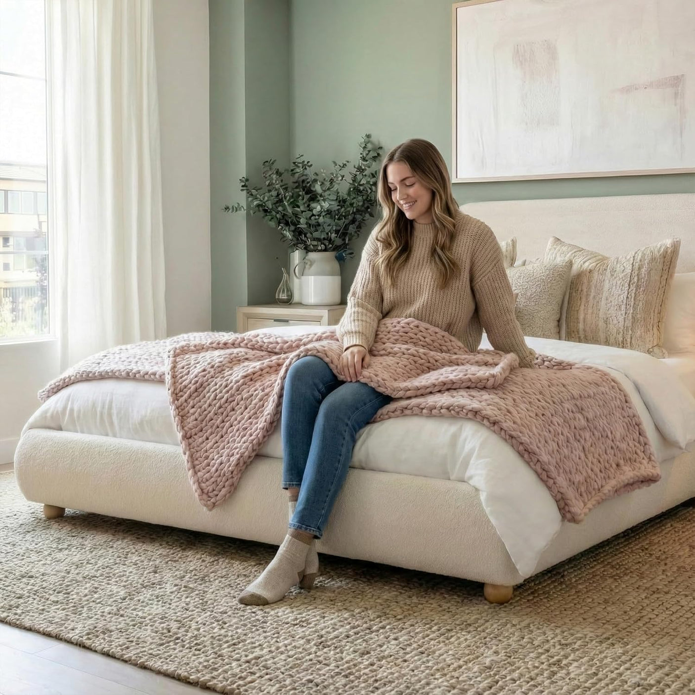 Cloud Boucle Bed Frame | Rounded Headboard, Solid Wood Legs, No Box Spring Needed beige