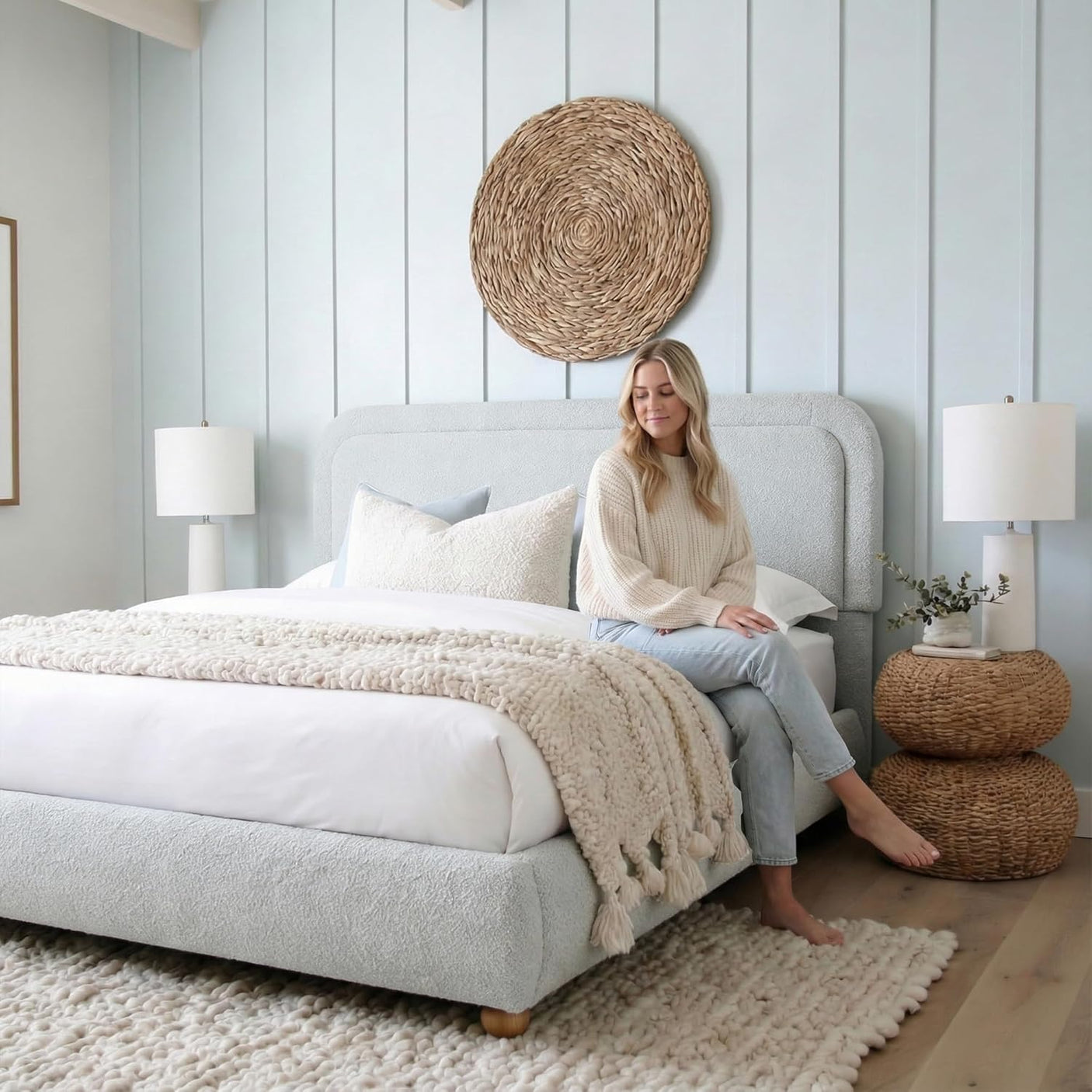 Cloud Boucle Bed Frame | Rounded Headboard, Solid Wood Legs, No Box Spring Needed grey