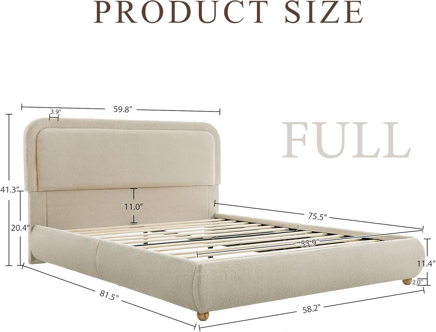 Cloud Boucle Bed Frame | Rounded Headboard, Solid Wood Legs, No Box Spring Needed khaki full size