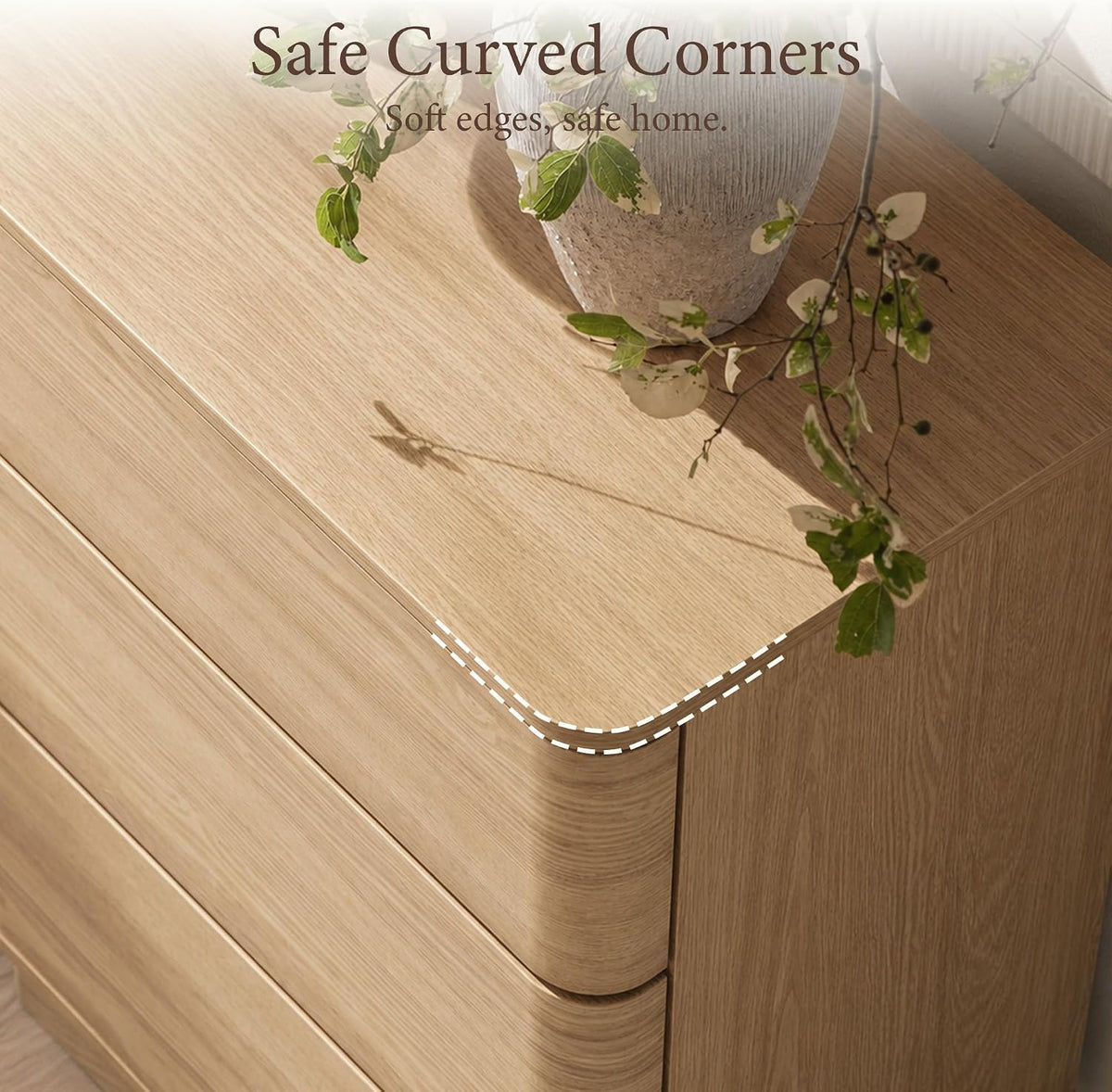 Curved Nightstand with Hidden Drawer | 3 Push-to-Open Drawers | Natural Oak & Walnut 5