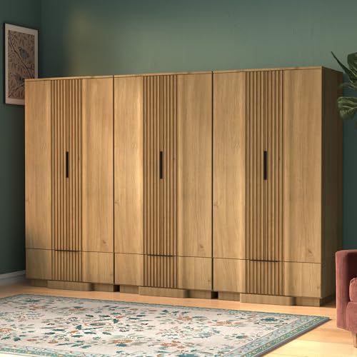 Yechen 67" Fluted Oak Armoire Wardrobe with Doors & Drawer - Natural Wood Closet Cabinet