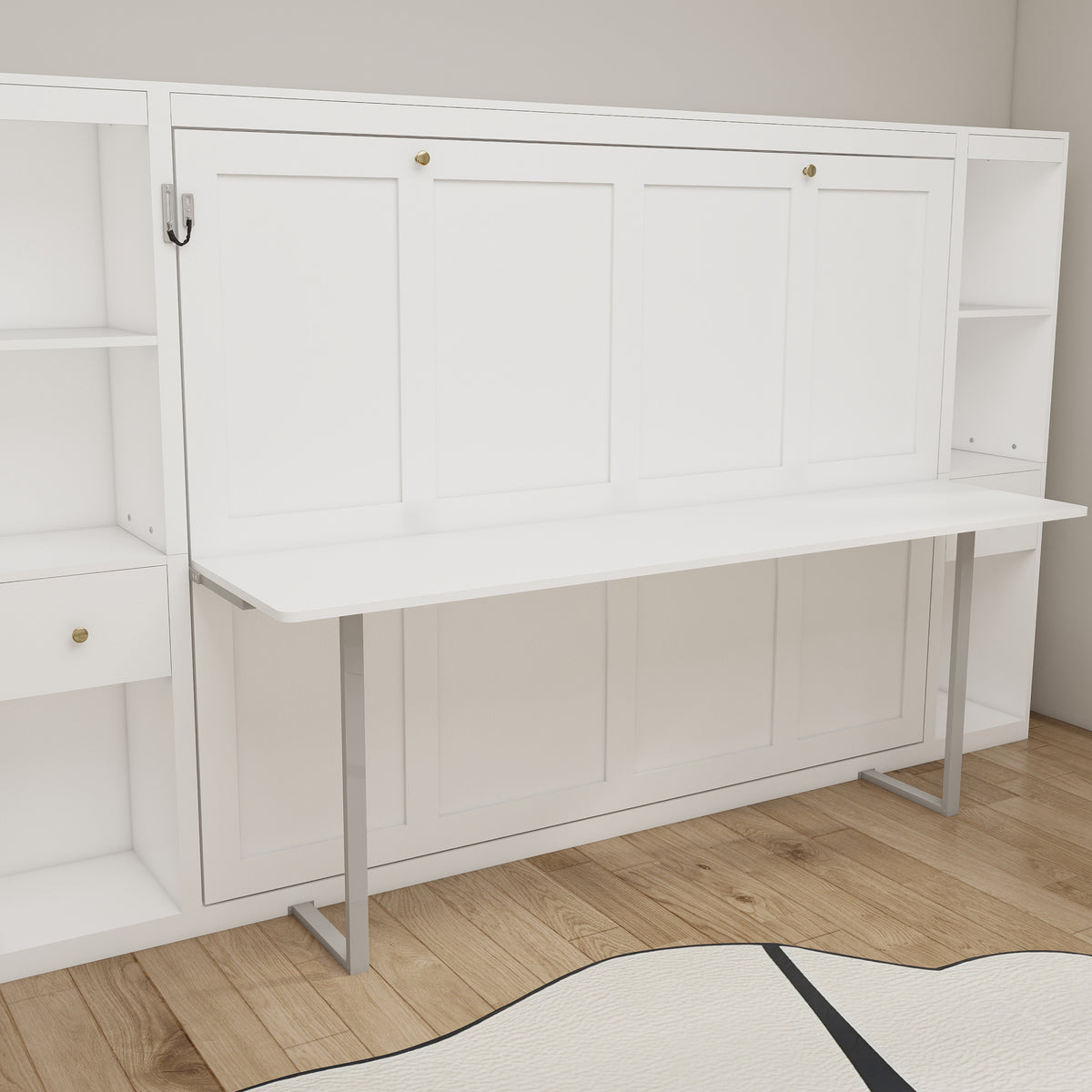 Queen Horizontal Murphy Bed with Desk & Storage – White