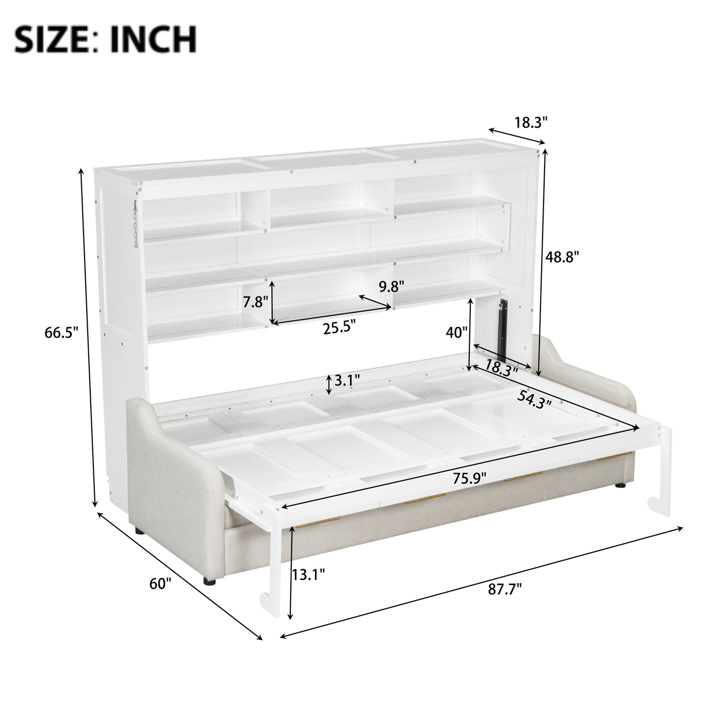 66.5"H Horizontal Murphy Cabinet Bed with Folding Sofa