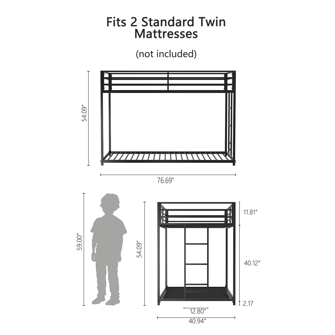 Sturdy Twin over Twin Bunk Bed Metal Black for Kids and Adult