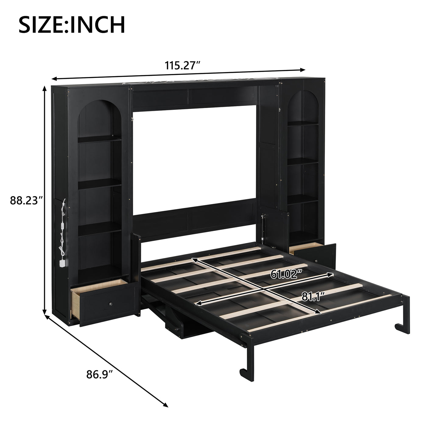 88"H Queen Size Murphy Platform Bed with Shelf
