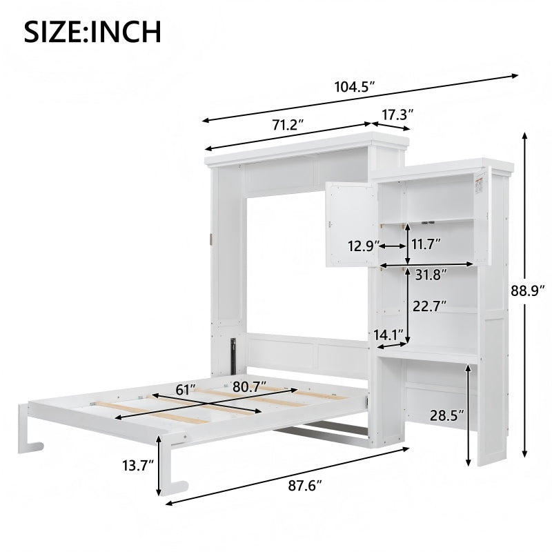 89" Queen Murphy Bed with Closet, Drawers & Shelves - Rattan Wall Bed