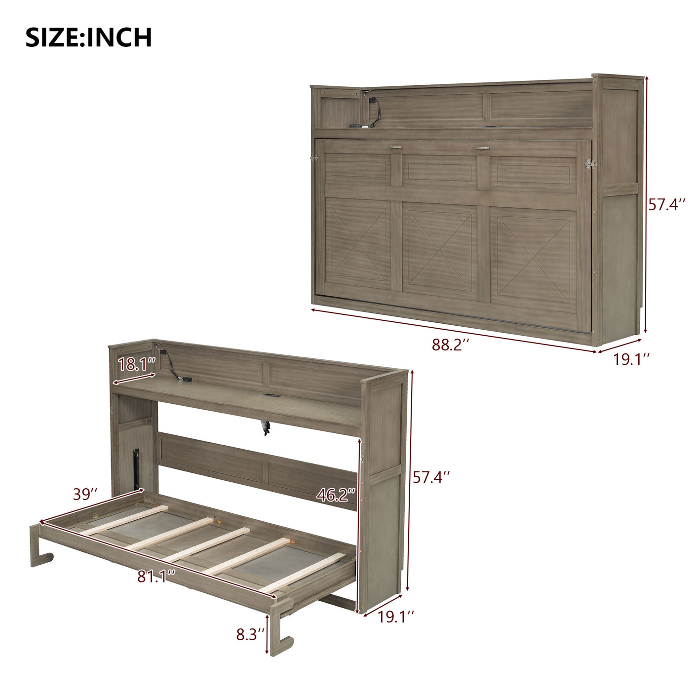 XL Size Murphy Bed with Desk,LED Light and USB Charging Station