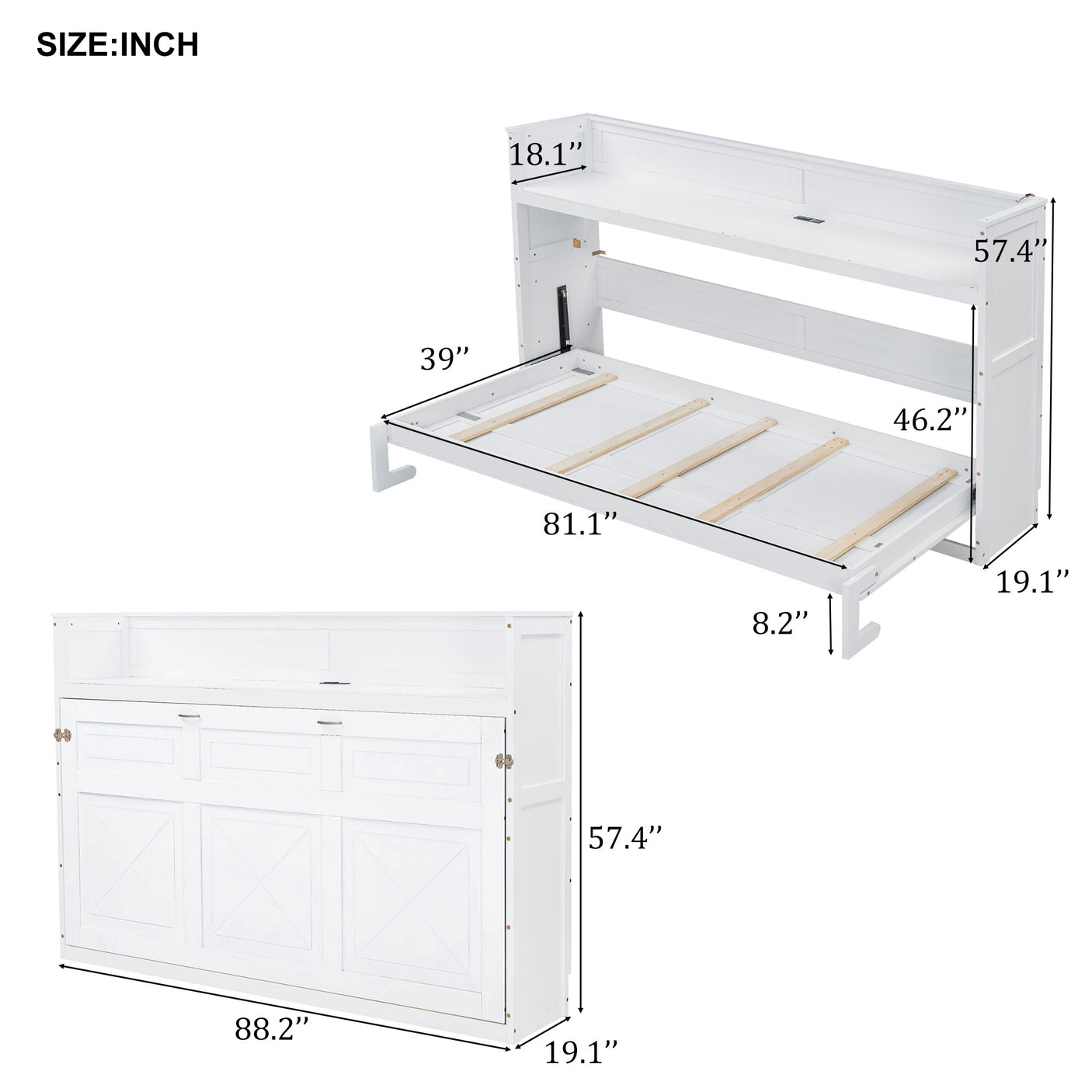 XL Size Murphy Bed with Desk,LED Light and USB Charging Station