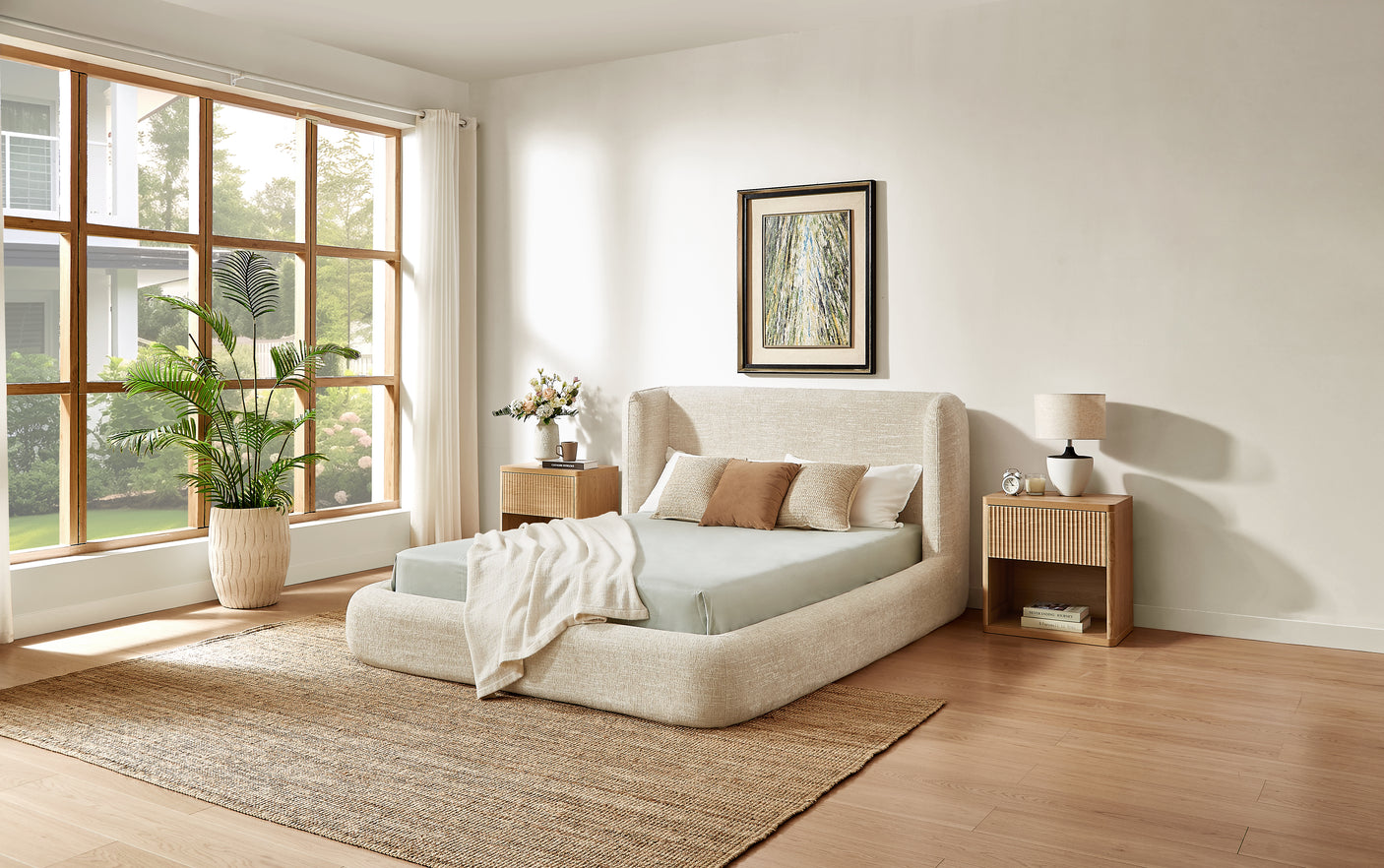 YECHEN Queen Cloud Bed Frame - Modern Upholstered Platform Bed with Curved Headboard, Water-Resistant Bouclé Fabric, Tool-Free Assembly, No Box Spring Needed