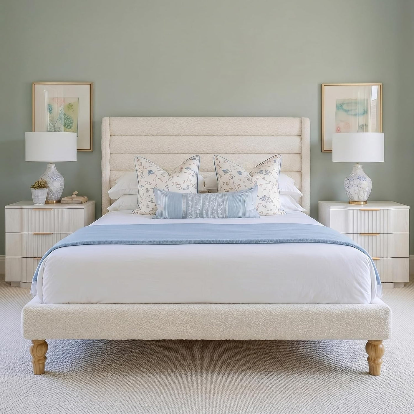 Yechen Cloud Bed Frame (Full/Queen), Boucle Upholstered Bedframe with Wavy Headboard, Wooden Platform Bed Frame with Solid Wood Legs, Soft Rounded Footboard, No Box Spring Needed, Easy Assembly, Beige