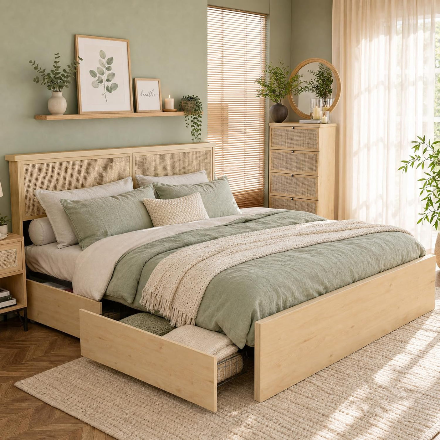 Boho Cane Wood Bed | Natural Rattan Headboard, 4 Storage Drawers, Light Oak Platform Frame